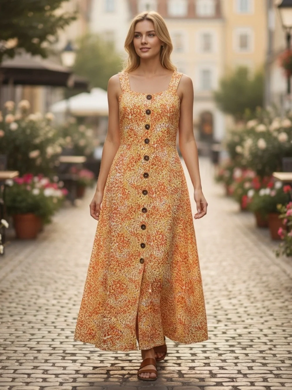 Japna Yellow Orange Floral Maxi Dress Button Front Smocked Back Size L - Picture 8 of 10